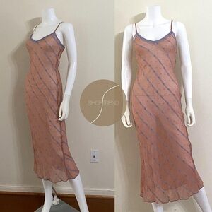 Vintage Betsey Johnson see-through nude w/blue embroidered periwinkle maxi dress